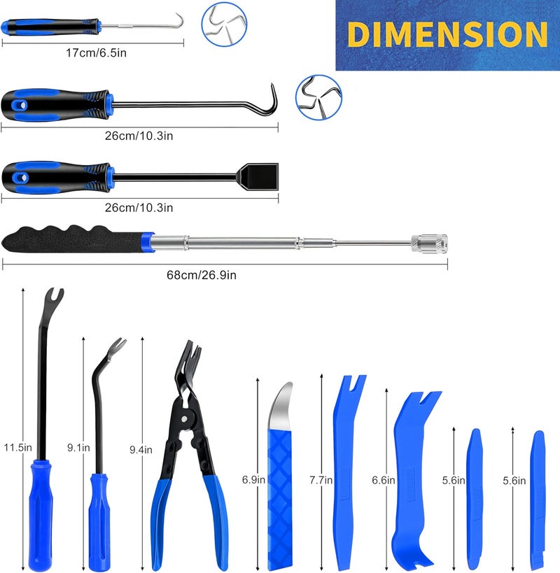 DWH 18 Pcs Precision Pick and Hooks Set, Trim Removal Tool Kit with Scraper Telescoping Magnetic Pickup Tool Panel Clip Plier Fastener Remover, Metal Plastic Trim Tools, Automotive Mechanic Bag, Blue - Image 2